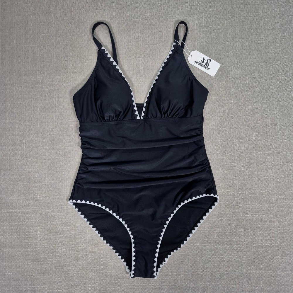 Sporlike Black Ruched One Piece Swimsuit White Ric Rac Trim Tummy Control Size M